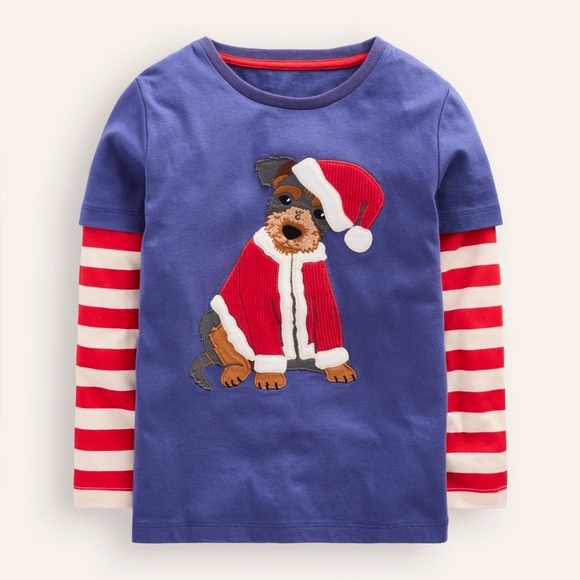 New Mini Boden Applique Mock Sleeve T Shirt Bluejay Janet Santa Dog Puppy 5-6Y - Picture 2 of 11